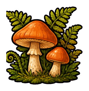 Two orange mushrooms with fern fronds and leafy forest ground.
