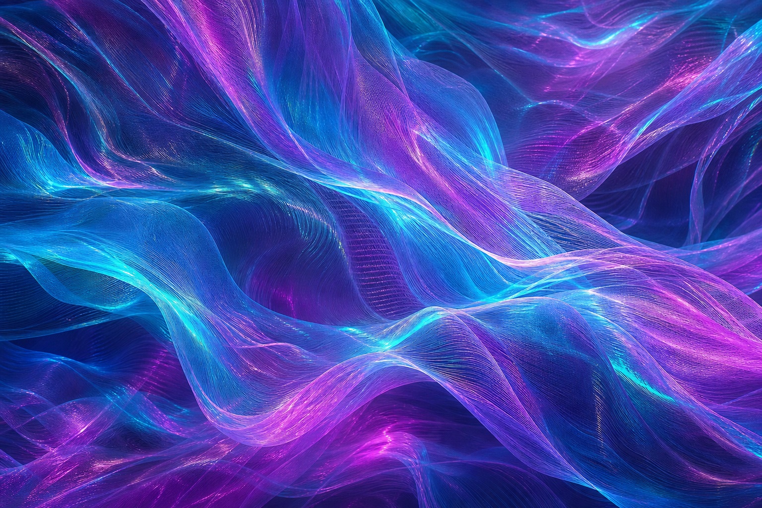 Abstract cyan and violet flowing mesh folds with an iridescent digital texture