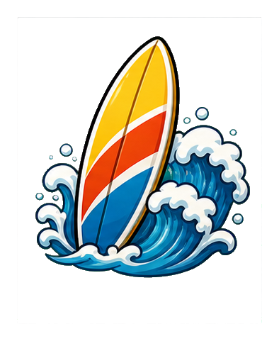 Colorful surfboard rising from a curling blue wave with splash details