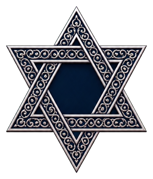 Silver filigree Star of David with interlocking star points on a dark background
