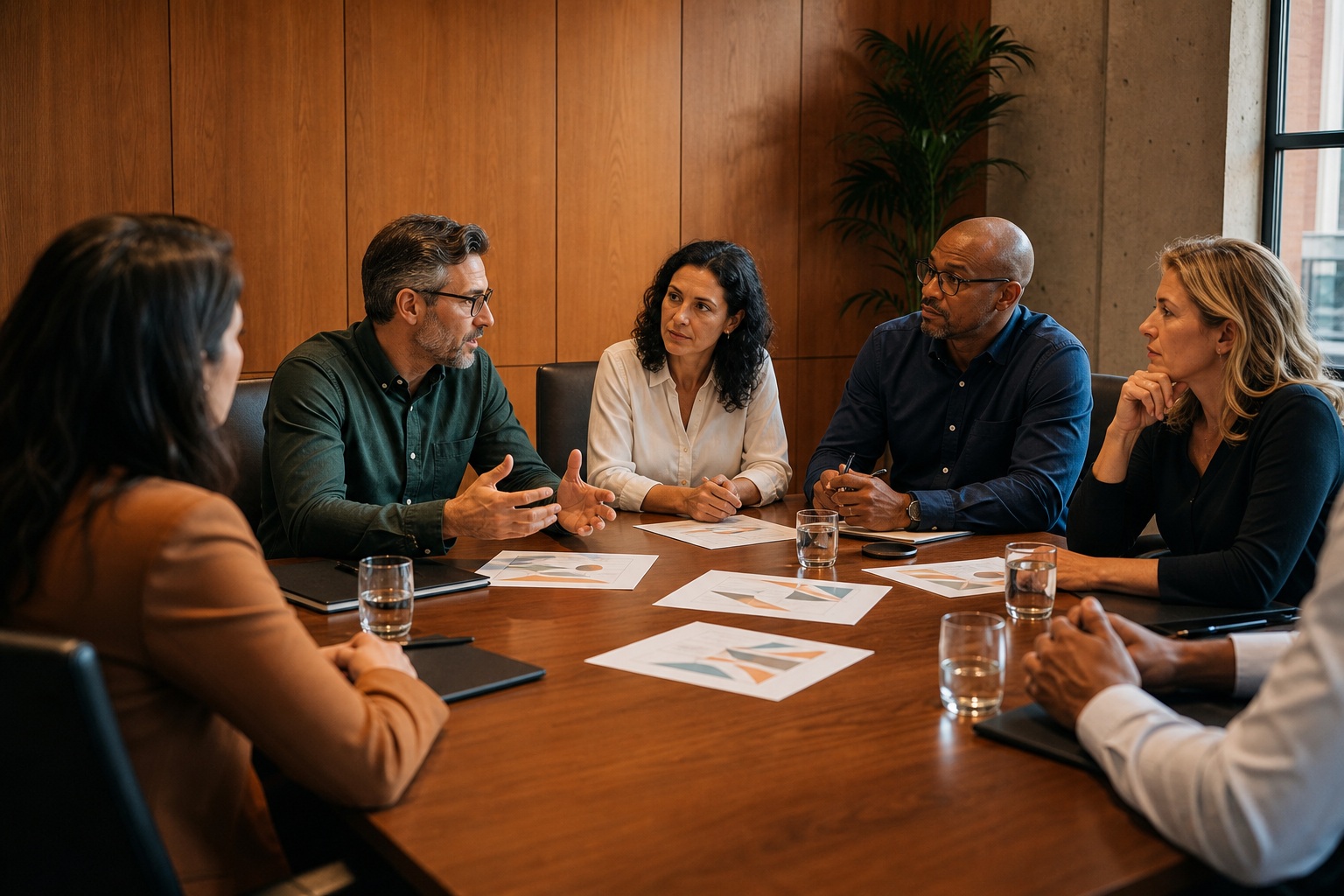 Five professionals in a conference room discussing papers around a wooden table.