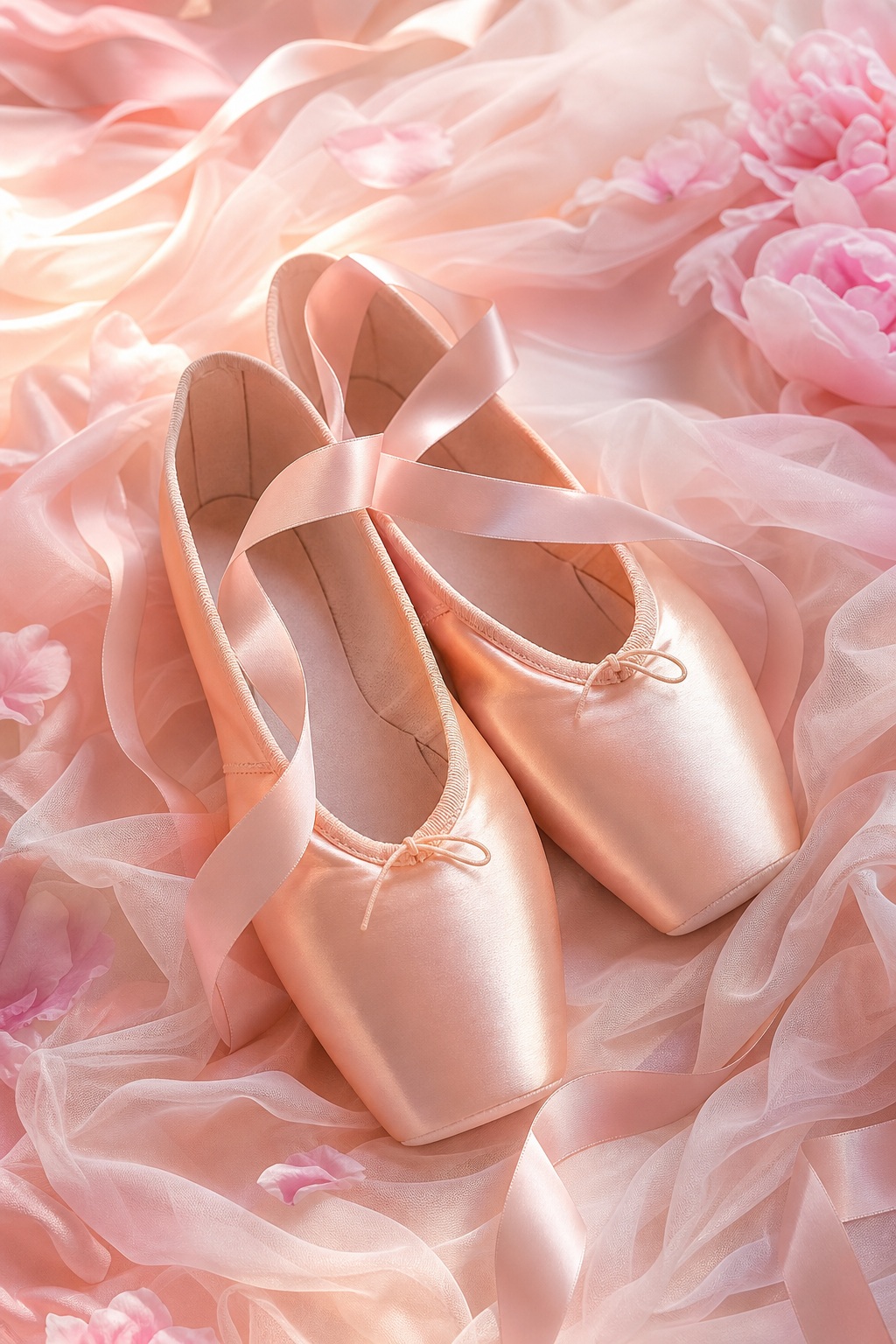 Pink ballet pointe shoes resting on soft sheer fabric with flowers