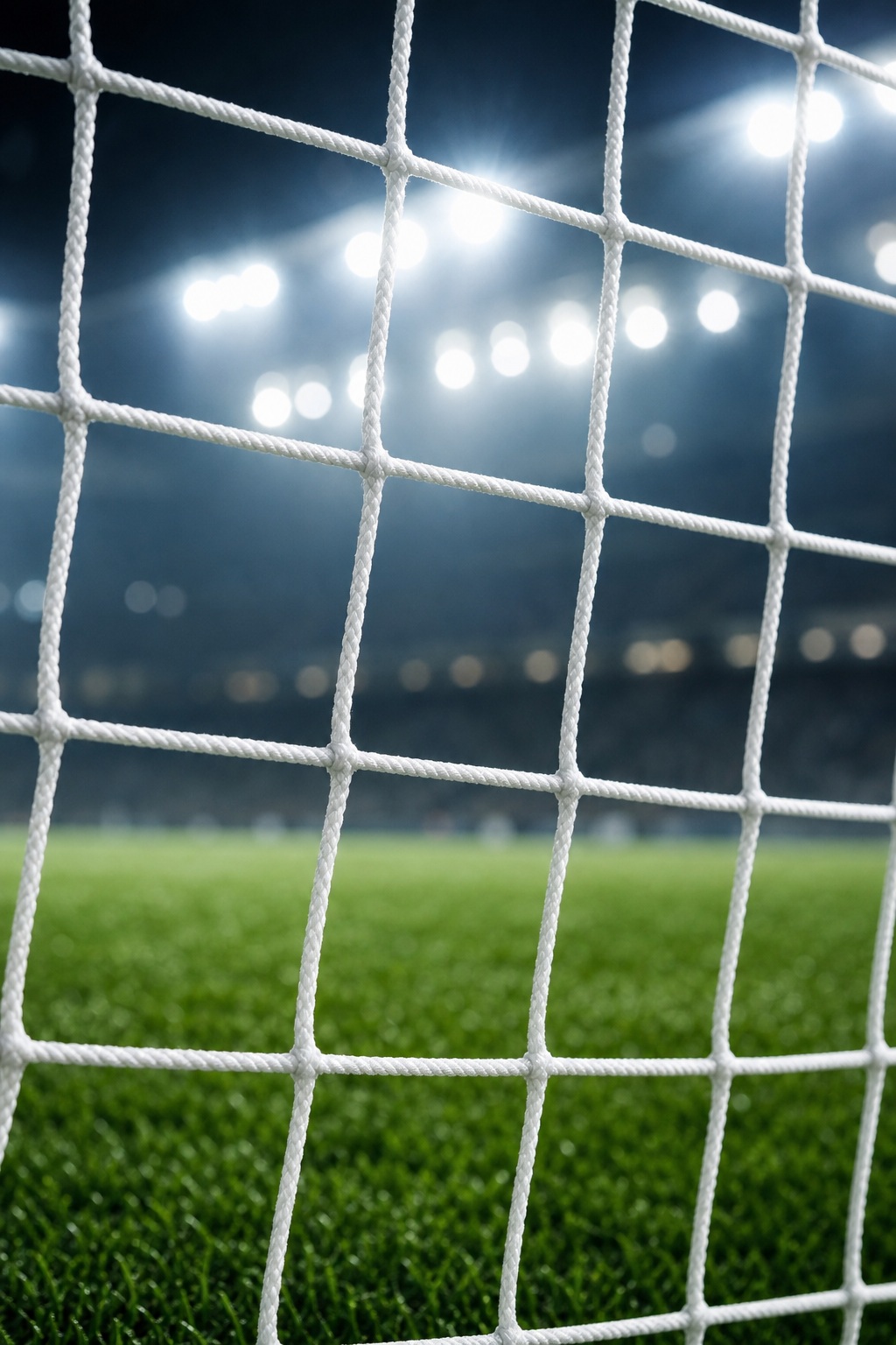 Close-up of a soccer net with green turf and bright stadium lights behind it.