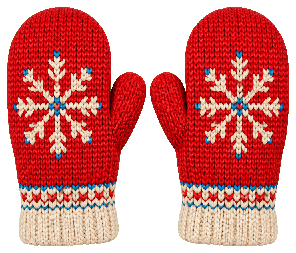 Pair of red Christmas mittens with white snowflake patterns and cream cuffs
