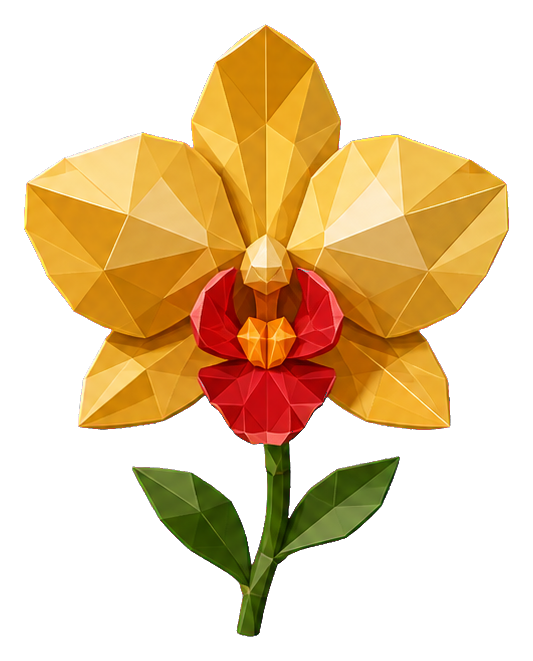 Faceted golden orchid with green leaves and red center on transparent background