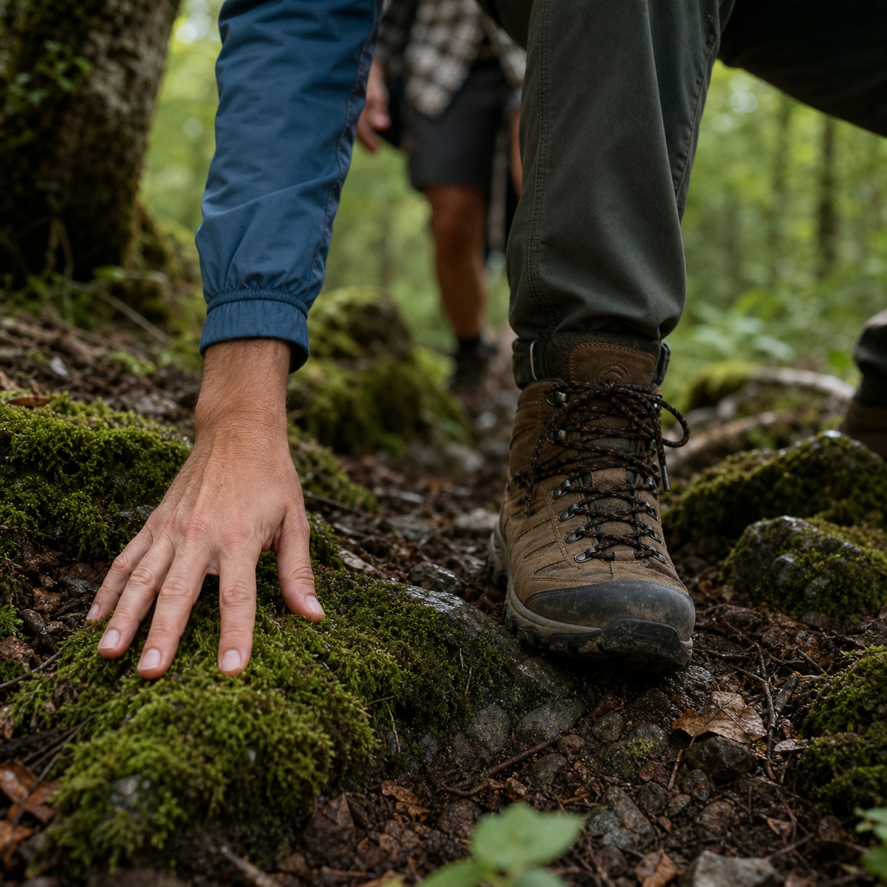 Hand touching moss beside a hiking boot on a forest trail