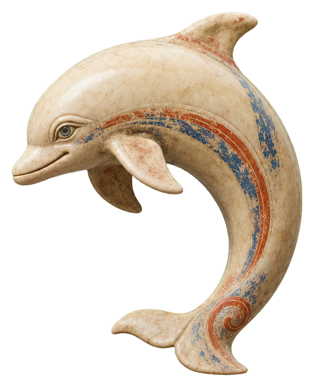 A carved dolphin illustration with a painterly, antique art style and curved body