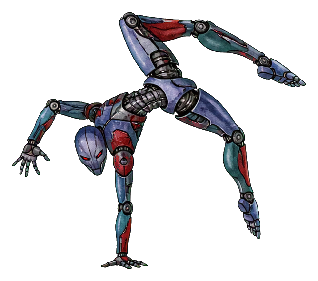 Watercolor illustration of an evil robot doing a cartwheel pose