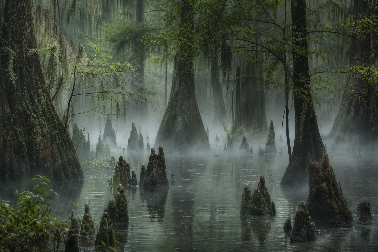 Misty cypress swamp with tree knees rising from calm foggy water