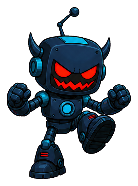 Angry kawaii robot with glowing red eyes stomping forward and clenching its fists
