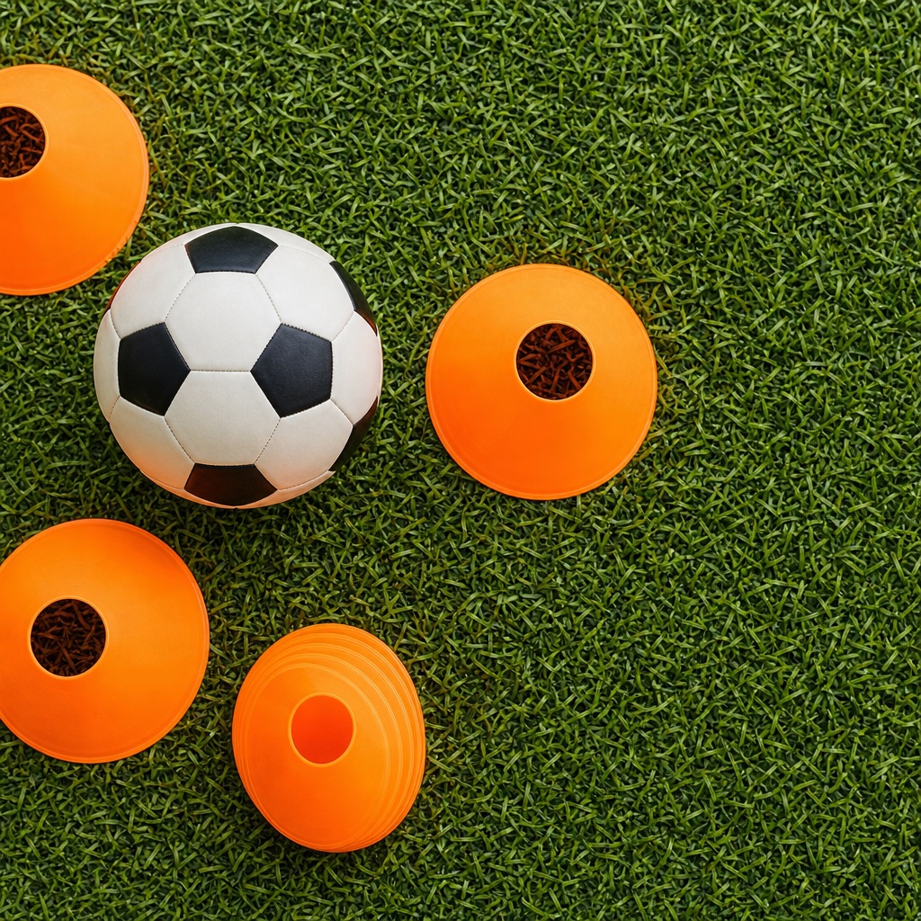 Soccer ball and orange training cones arranged on green turf grass