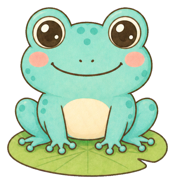 Cute pastel frog sitting on a lily pad with big eyes and rosy cheeks.
