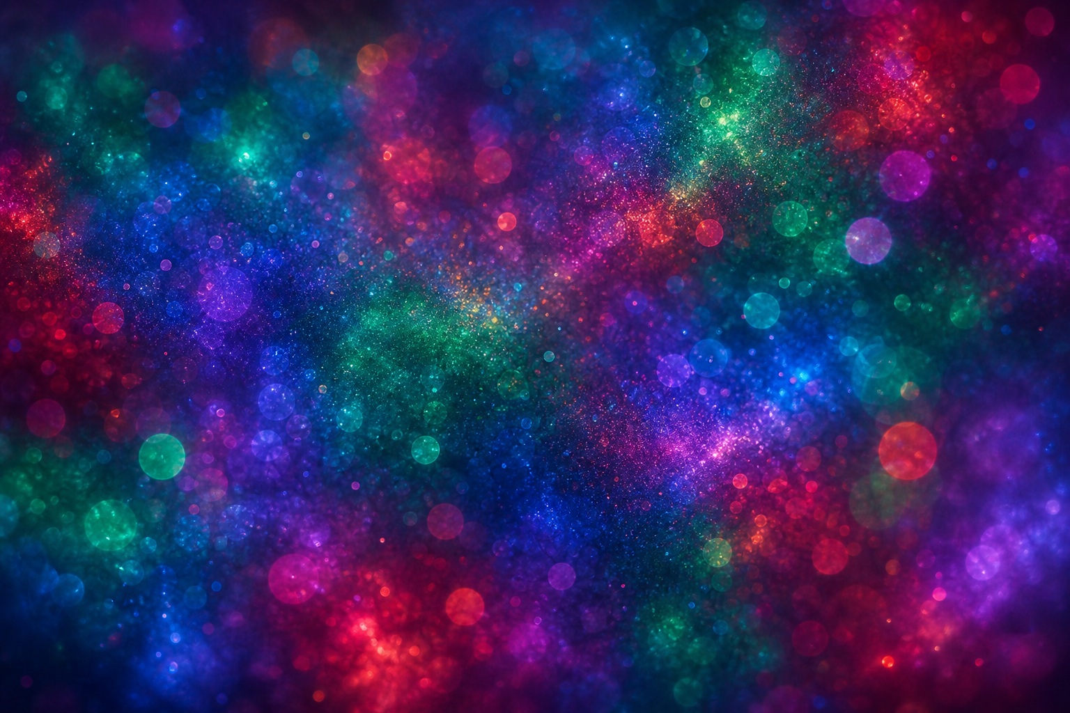 Colorful jewel tone bokeh lights with a soft glowing haze on a dark background