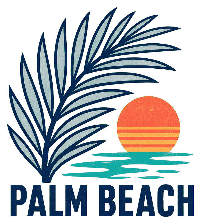 Retro Palm Beach sticker with a palm frond and sunset over water