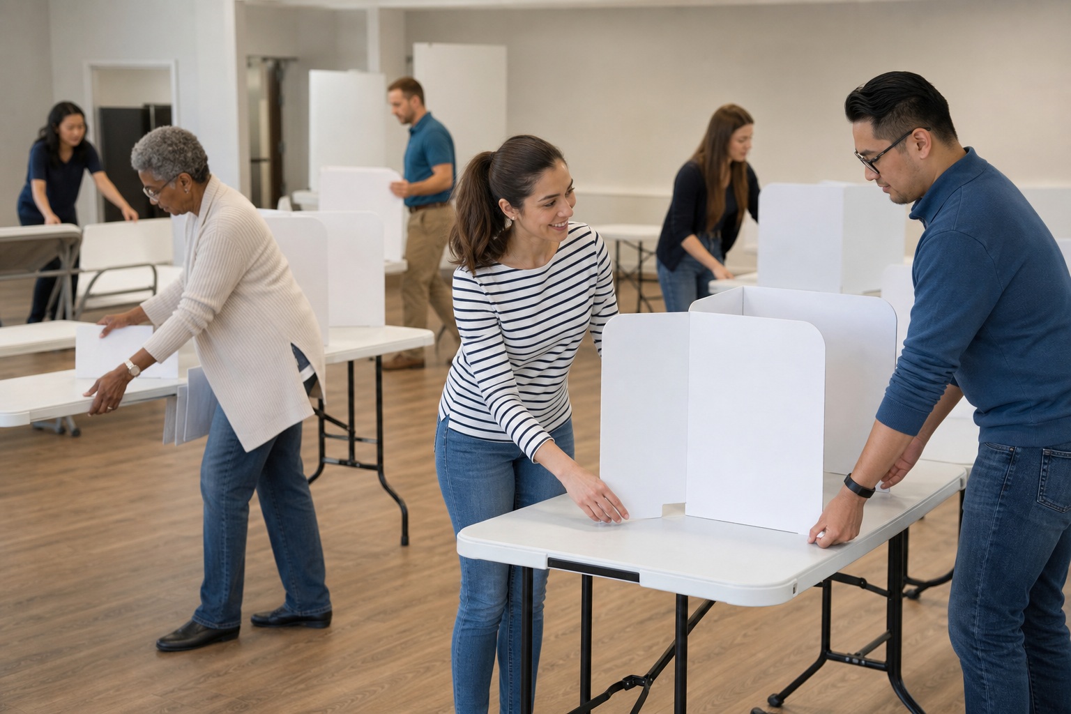 Volunteers setting up tables in a community center room