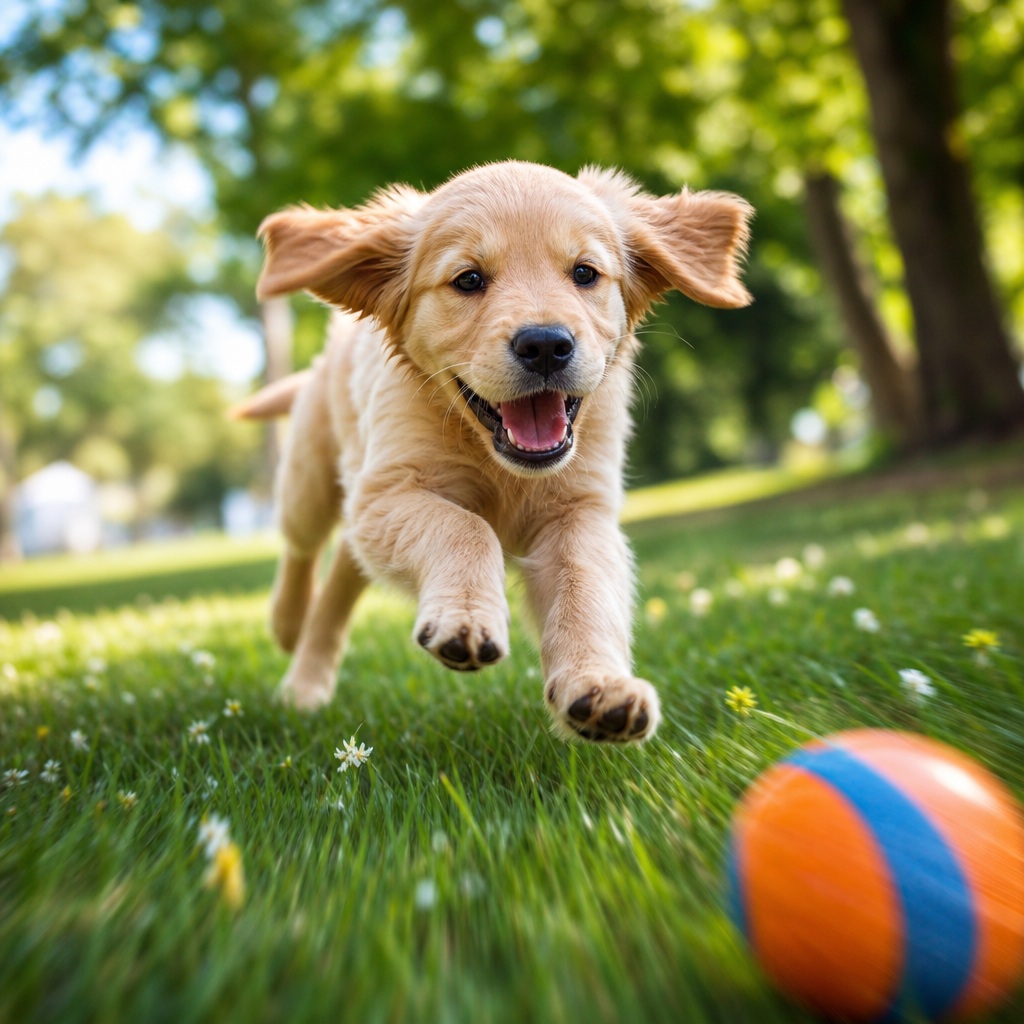 Golden retriever puppy running across grass toward a blue and orange ball.