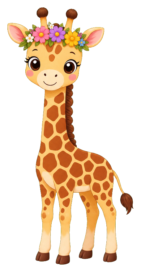 Cute cartoon giraffe wearing a colorful flower crown on a white background
