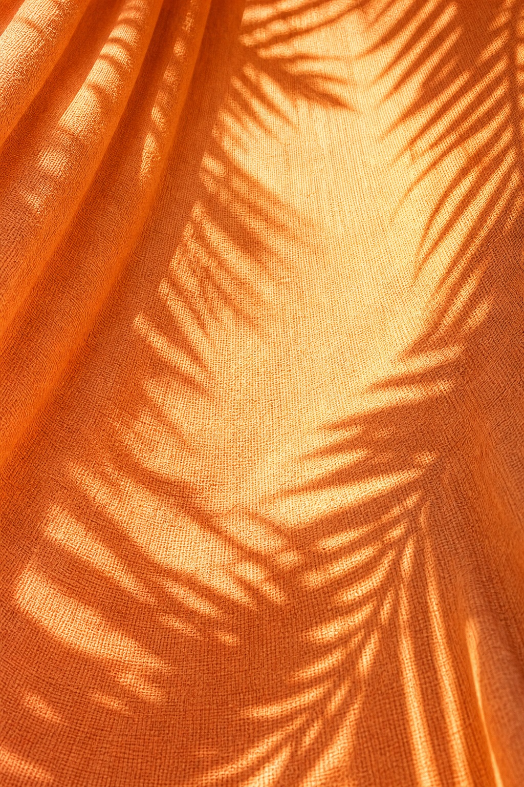 Orange fabric with palm leaf shadows creating a tropical summer background.