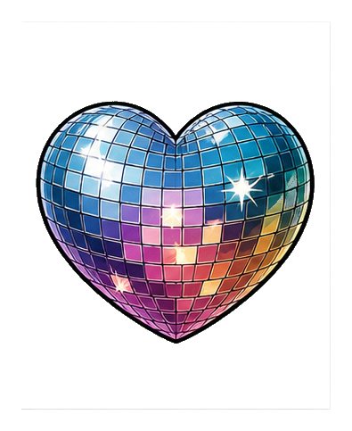 A blue and pink disco ball heart with mirrored tiles and sparkles