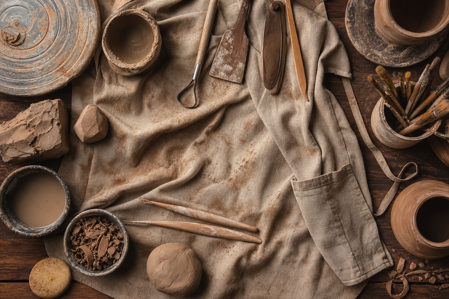 Top view of pottery tools, clay, brushes, and craft supplies on a studio table