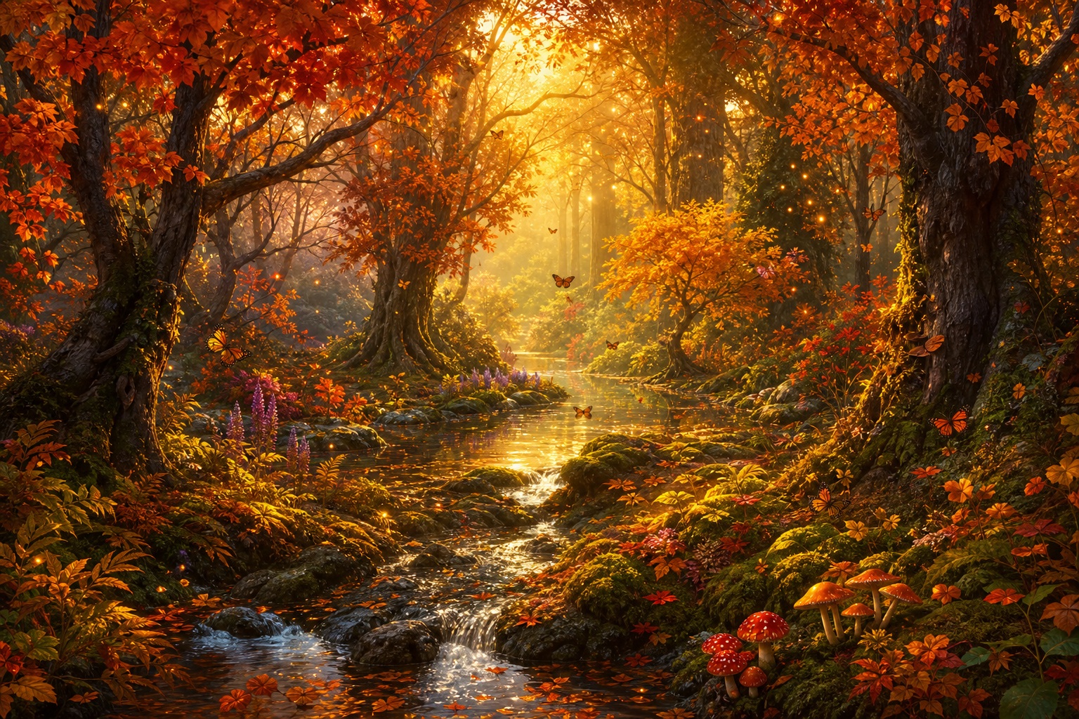 Sunlit enchanted forest path surrounded by autumn trees and glowing foliage