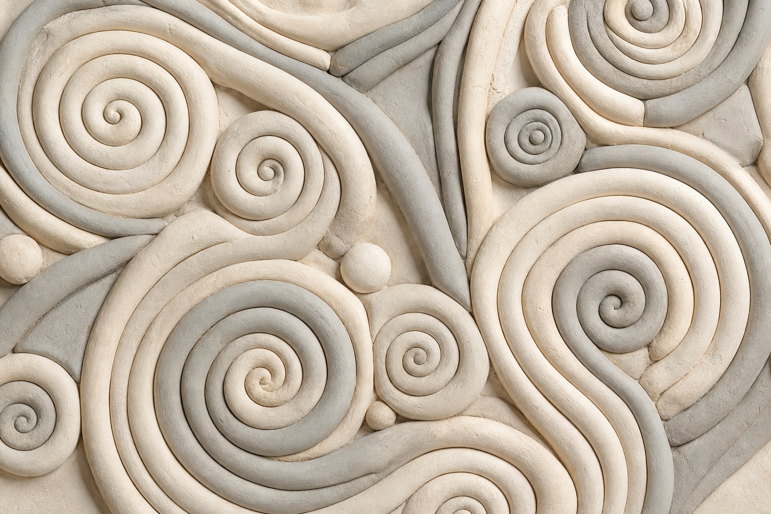 Abstract ivory clay surface with raised spiral coil relief patterns