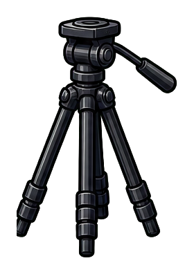 Black camera tripod with extended legs and a mounted handle