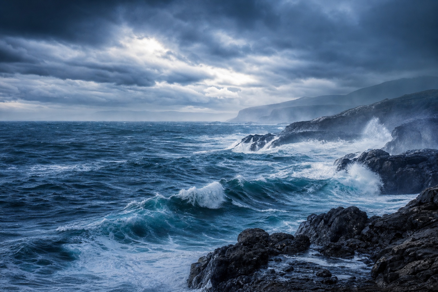 Dark stormy ocean waves crashing against a rocky shoreline under cloudy skies.