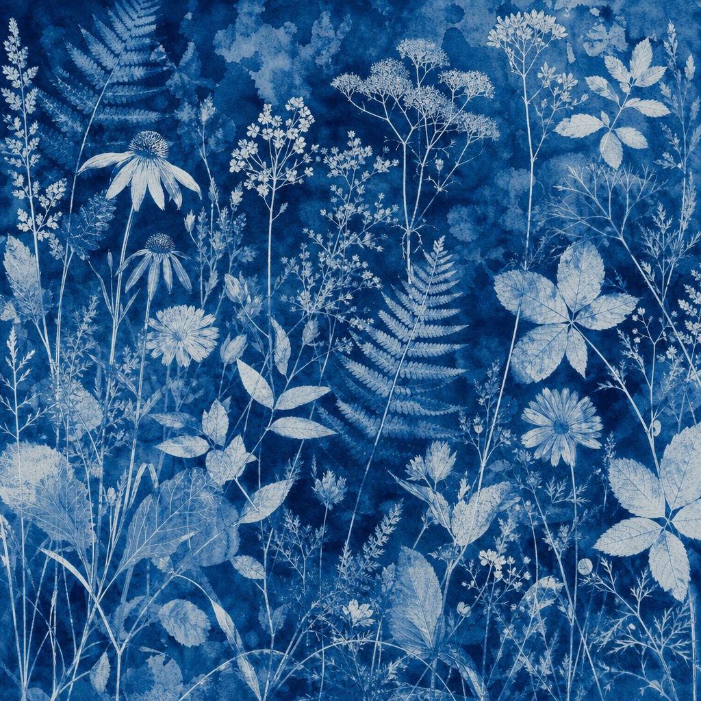 Blue botanical cyanotype with leaf and meadow silhouettes on textured background