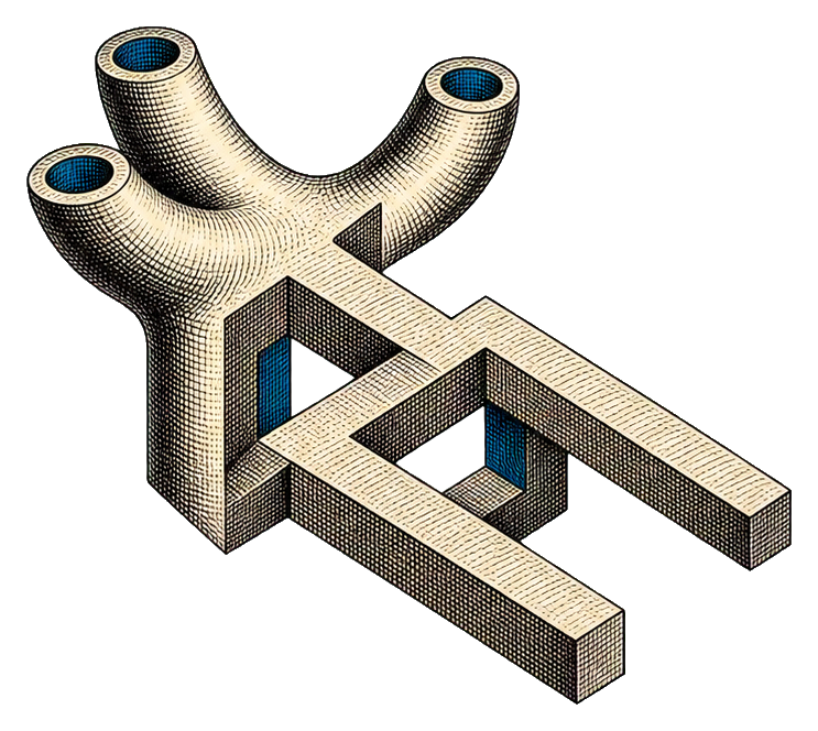 Black and white impossible three-prong geometric object with three tubular arms and angular supports.