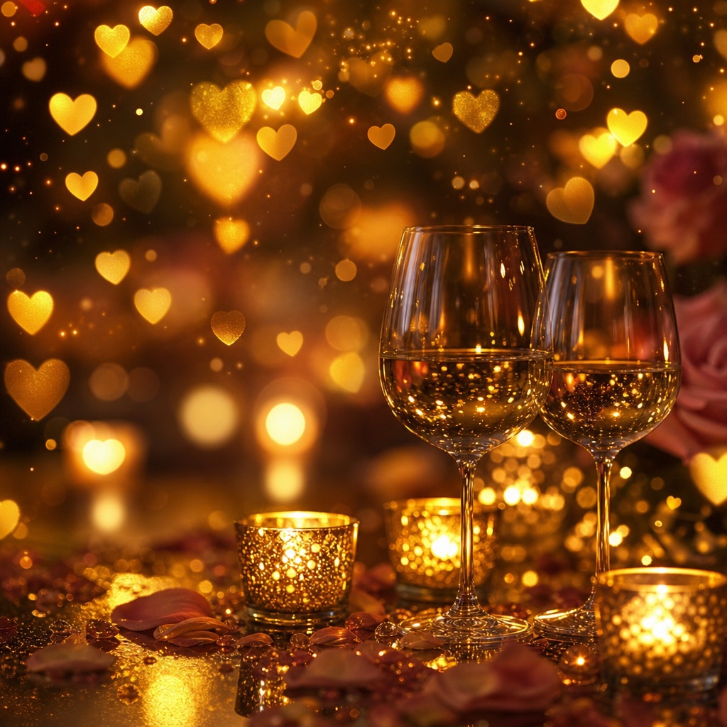 Golden heart-shaped bokeh lights with candles and wine glasses on a romantic table.