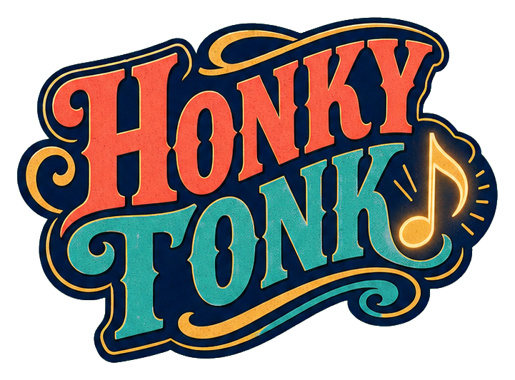 Retro neon-style Honky Tonk text with a music note and curved underline