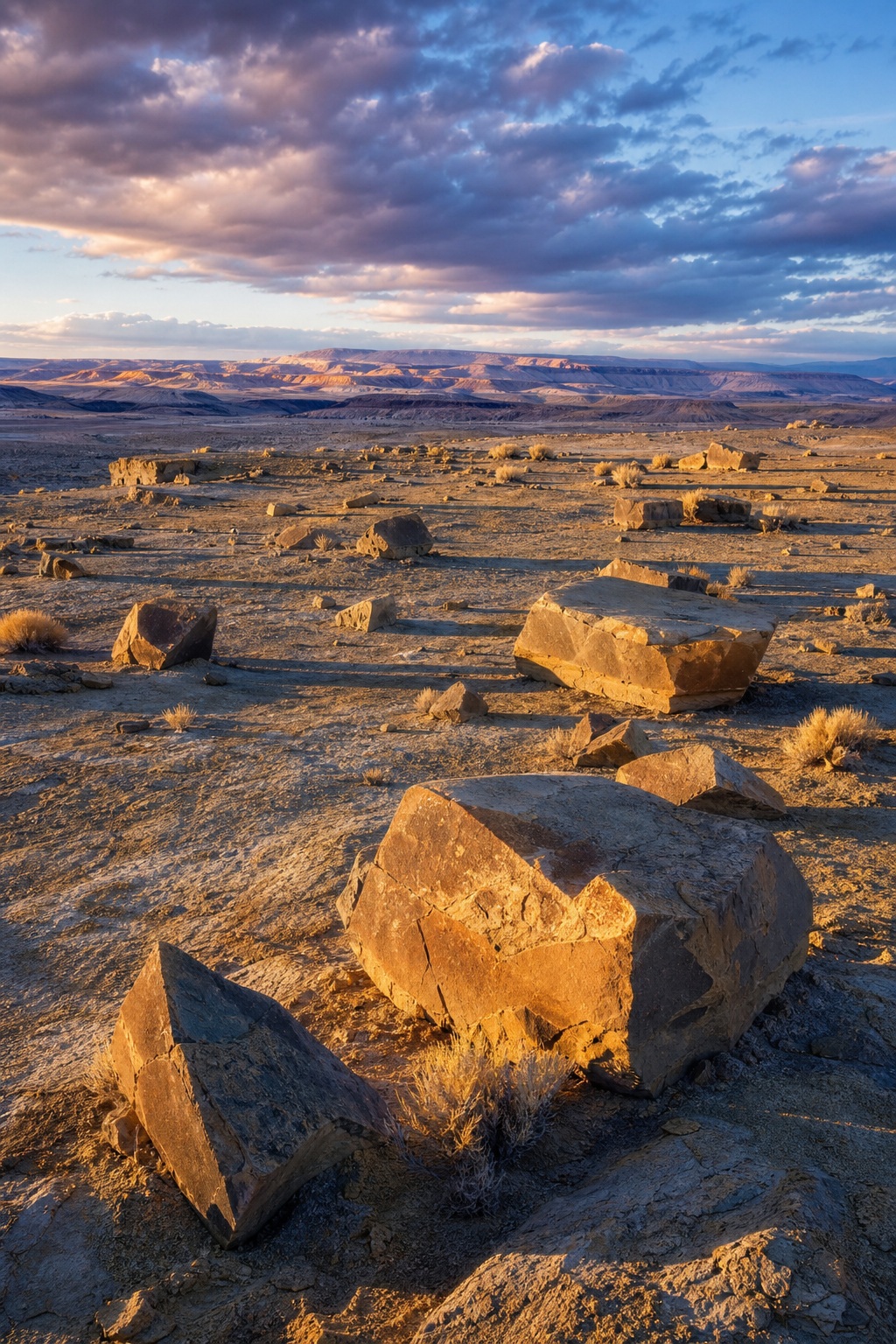 Sunlit rocky desert plateau under a dramatic cloudy sky.