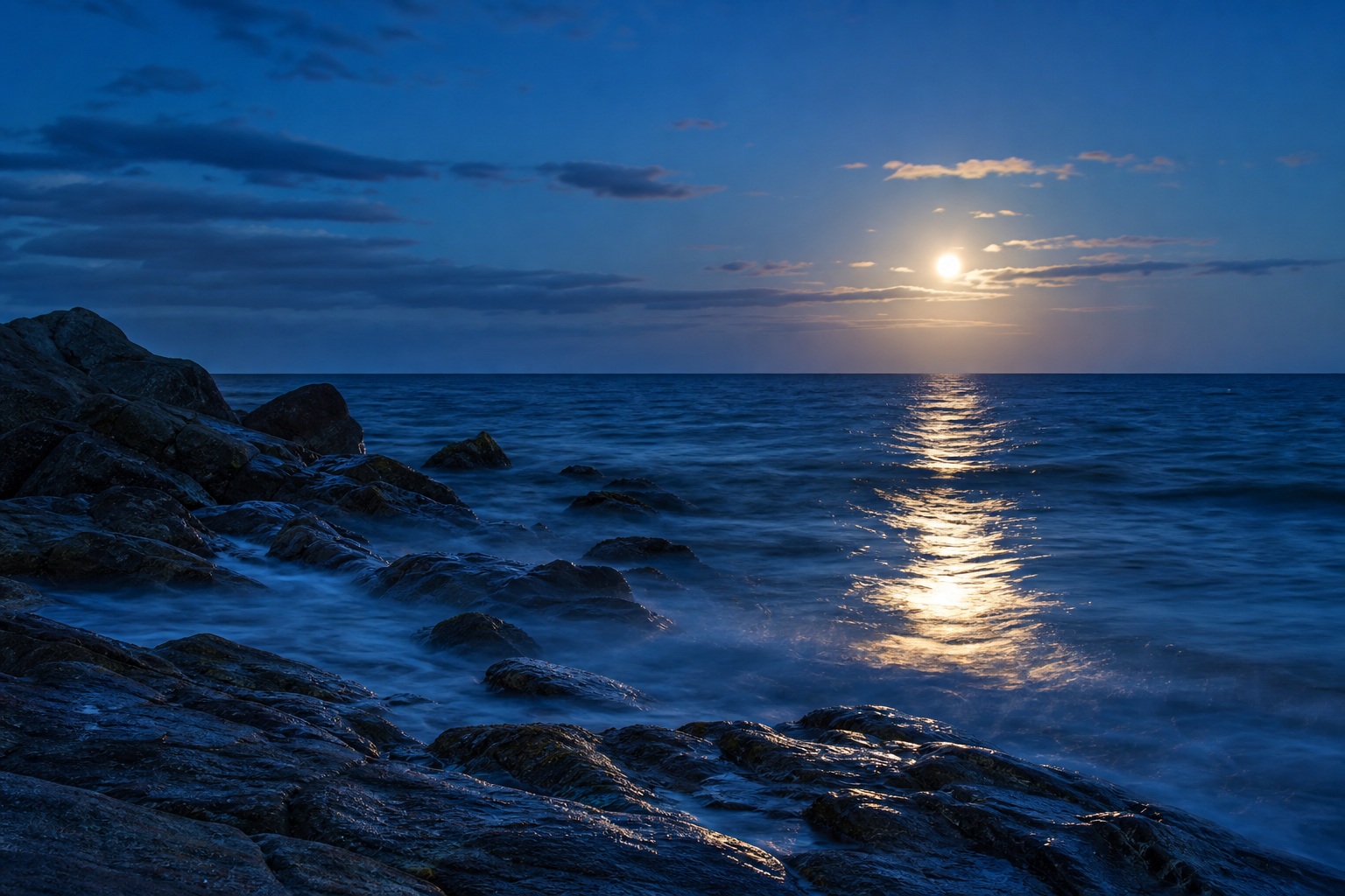 Preview for Moonlit Ocean Rocky Shoreline Background