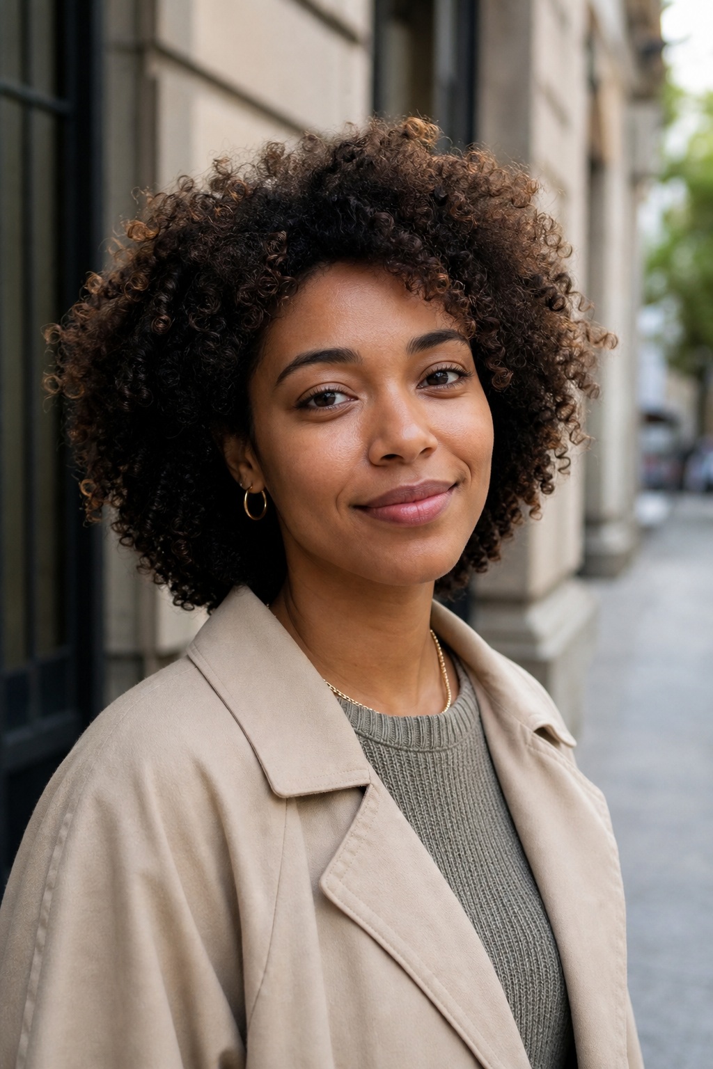 Smiling woman with curly hair standing on a city street in a beige coat.