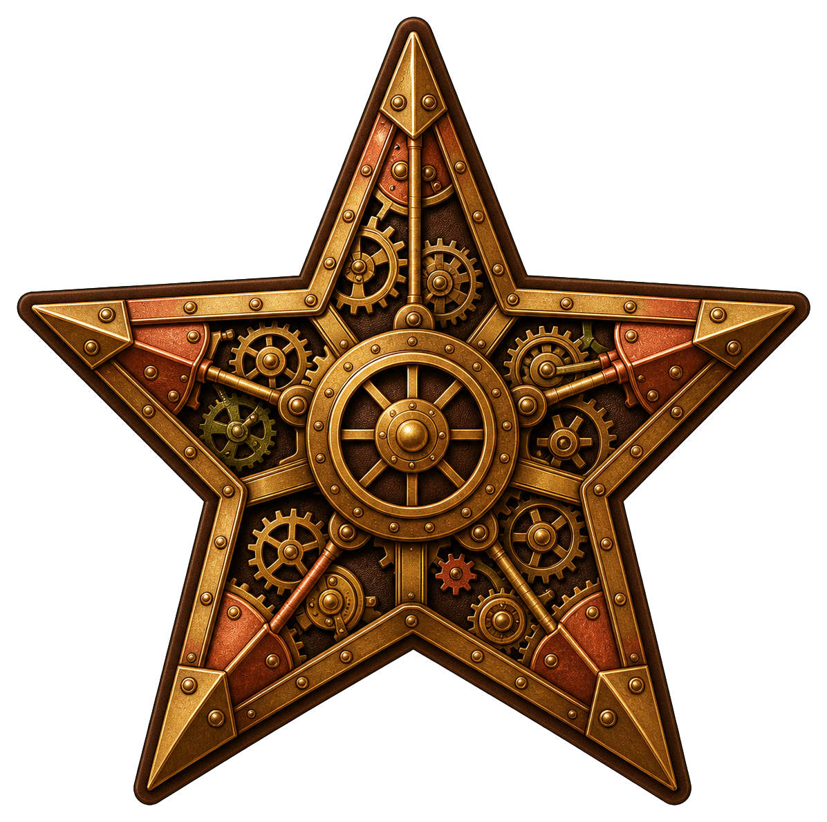Copper steampunk star with gears and mechanical details