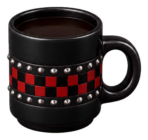 Black mug with red and black checkered band and silver studs