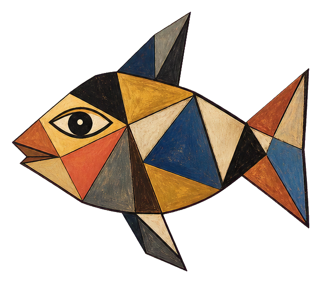 Abstract geometric fish with angular shapes and a single eye, in Picasso-inspired colors.