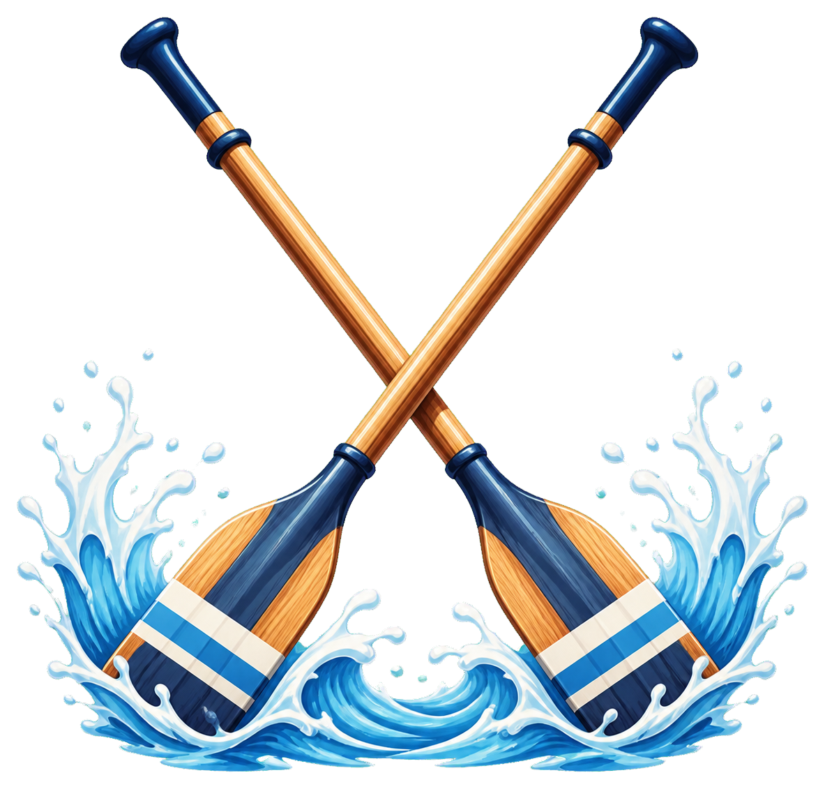 Two crossed rowing oars with blue water splashes and yellow handles