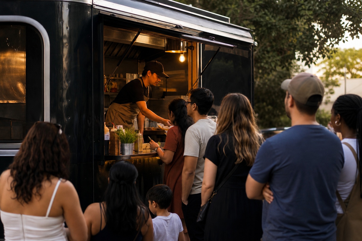 People waiting in line at a food truck serving window outdoors.