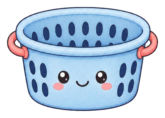Cute blue laundry basket sticker with a smiling face and pink handles