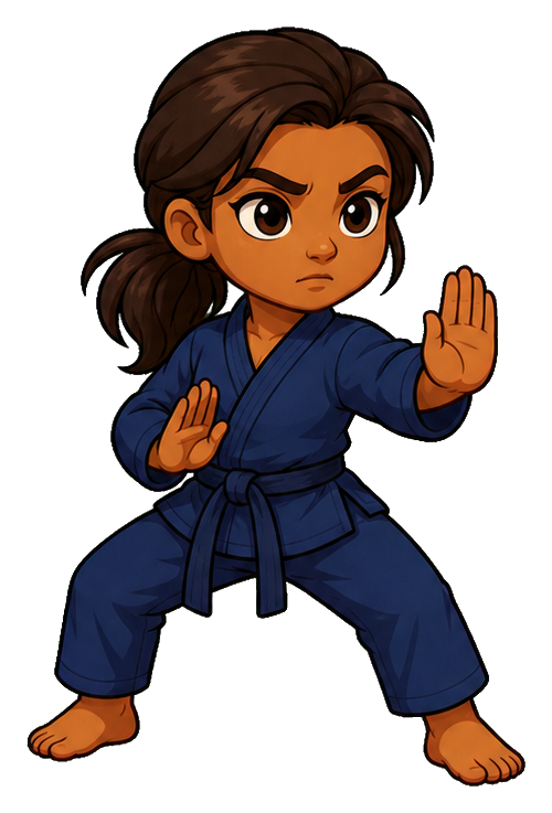 Cartoon martial arts student in a blue uniform holding a focused guard stance