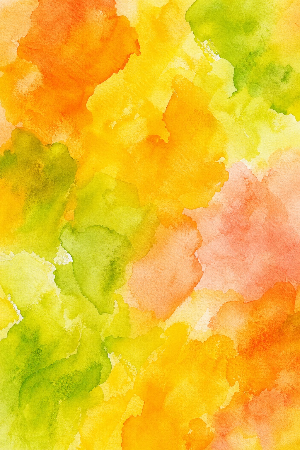 Abstract citrus watercolor wash with yellow, orange, and green pigment blooms on paper