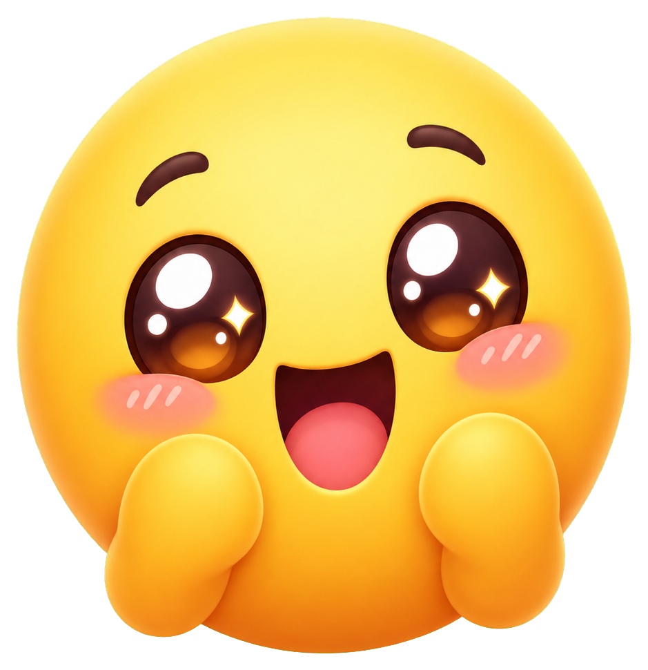 Round yellow delighted face with sparkling eyes, pink cheeks, and open smiling mouth