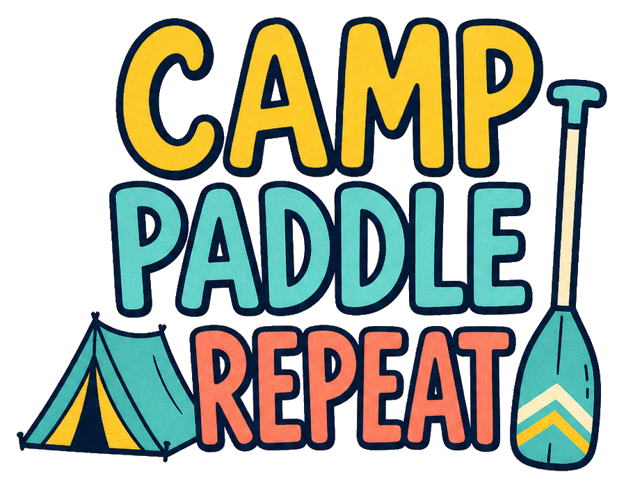 Hand-lettered Camp Paddle Repeat text with a tent and paddle on black background