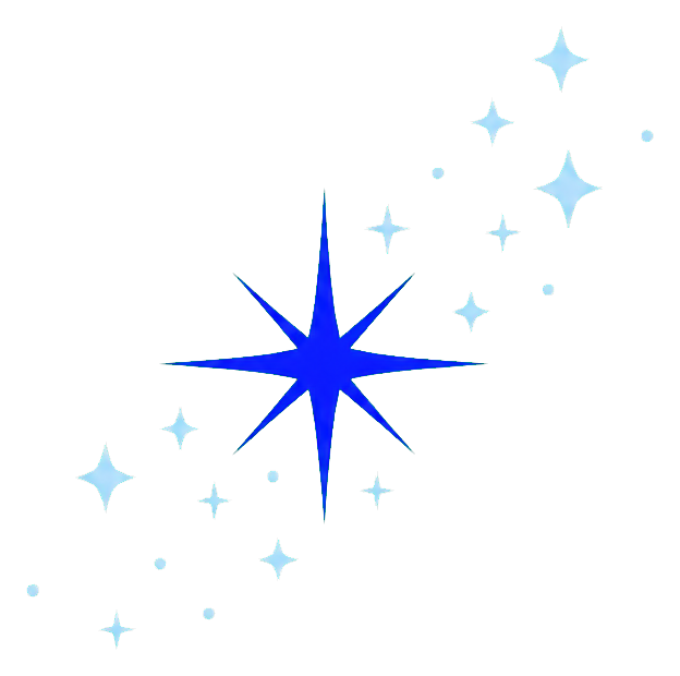 Blue minimal sparkle star with small scattered sparkles on a transparent background
