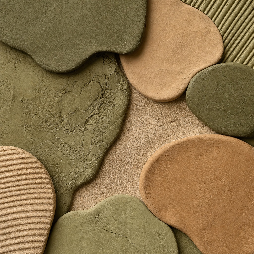 Abstract background with layered organic clay shapes in tan, olive, and earthy textures