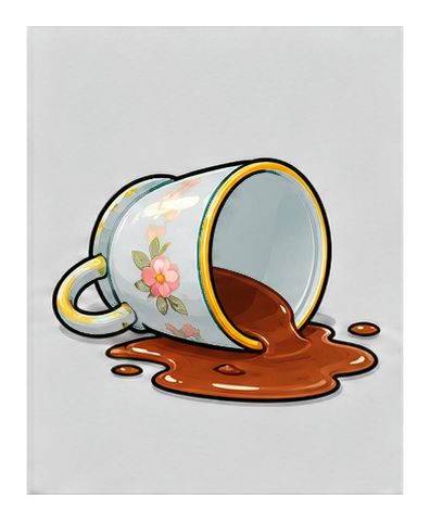 A tipped floral teacup spilling tea onto a dark background