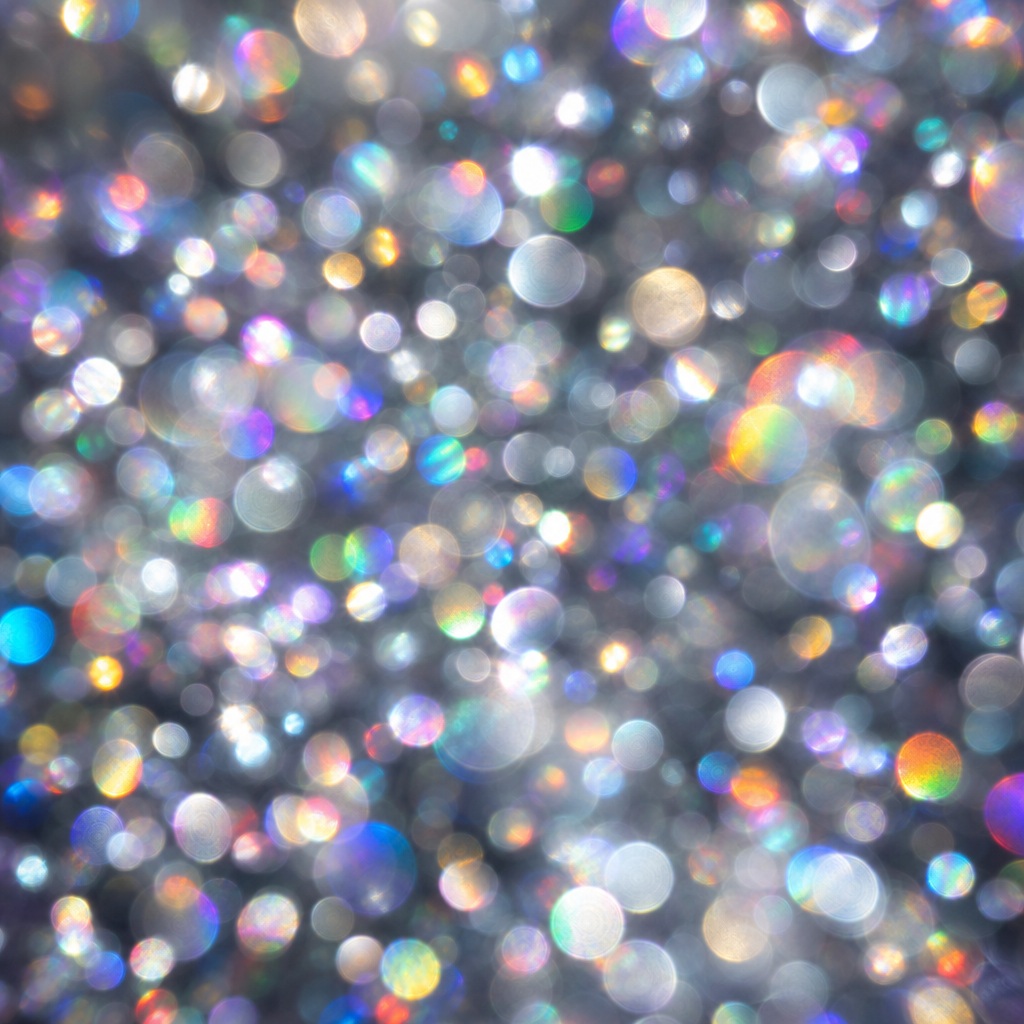Silver rainbow circular bokeh lights scattered across a dark background