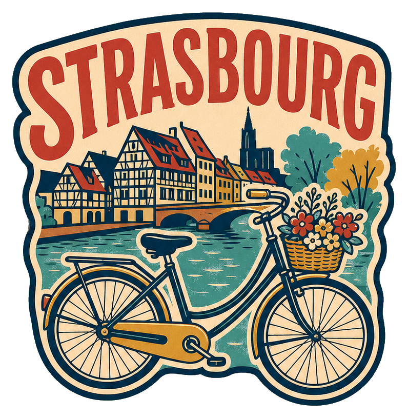 Retro Strasbourg bicycle sticker with cityscape, flowers, and large Strasbourg text